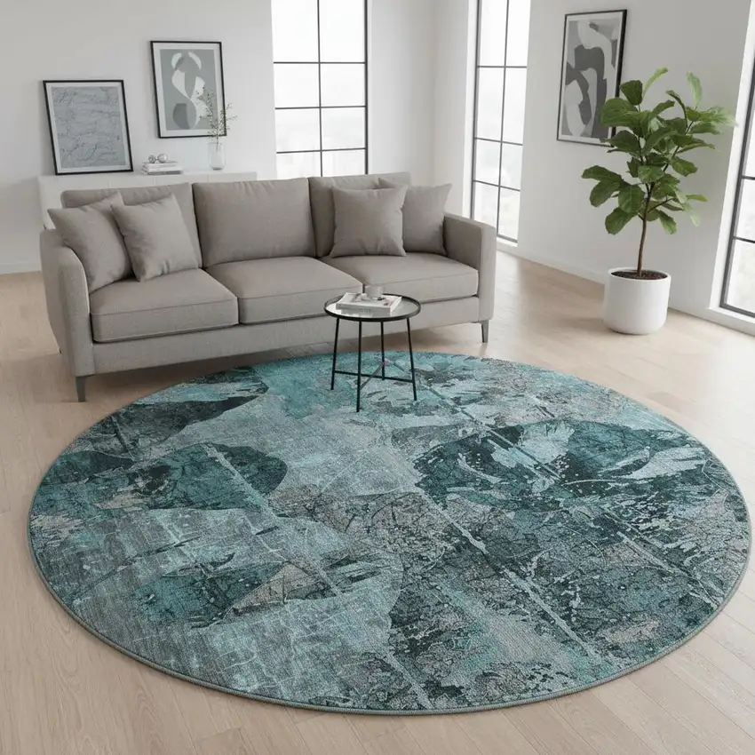 8' Teal And Gray Abstract Washable Round Rug With UV Protection Photo 2