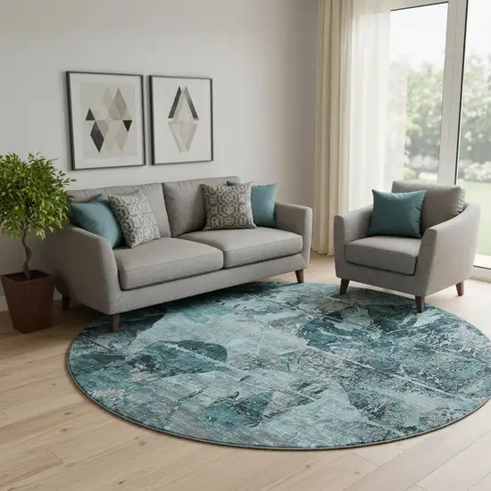 8' Teal And Gray Abstract Washable Round Rug With UV Protection Photo 1