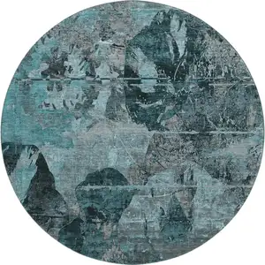 Photo of 8' Teal And Gray Abstract Washable Round Rug With UV Protection