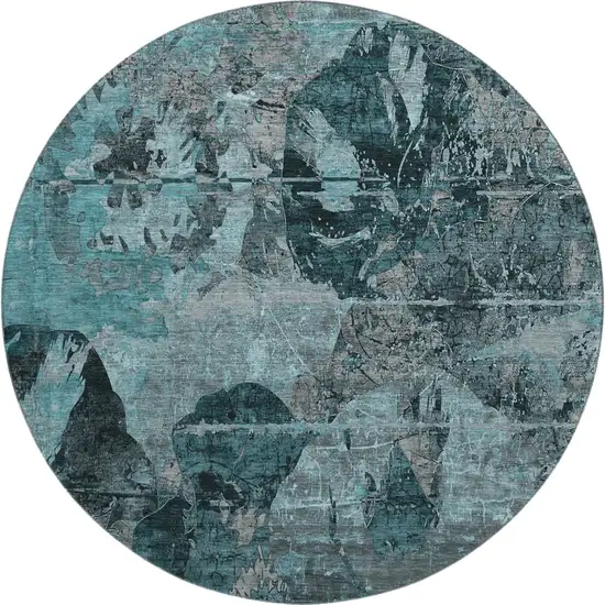 8' Teal And Gray Abstract Washable Round Rug With UV Protection Photo 1