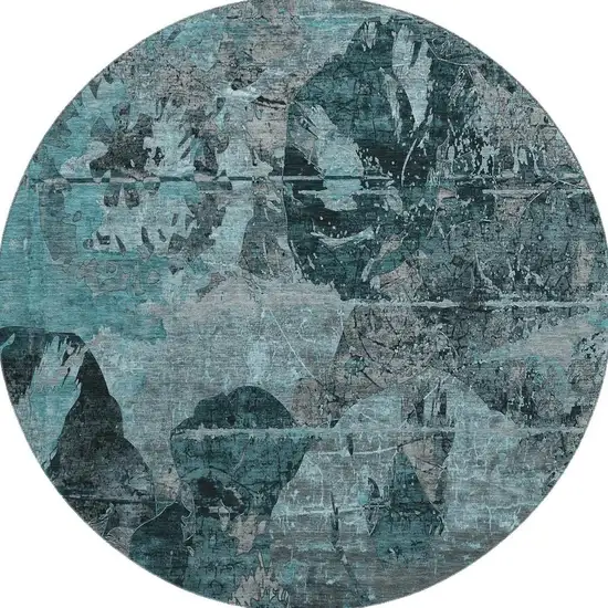 8' Teal And Gray Abstract Washable Round Rug With UV Protection Photo 4