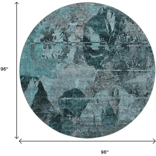 8' Teal And Gray Abstract Washable Round Rug With UV Protection Photo 3