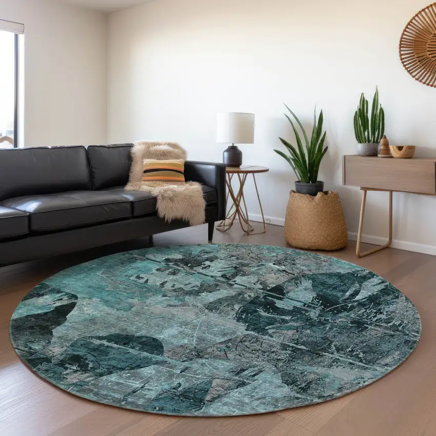 8' Teal And Gray Abstract Washable Round Rug With UV Protection Photo 5