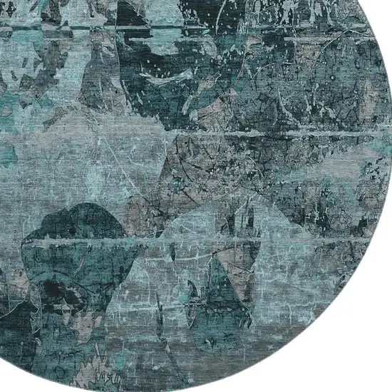 8' Teal And Gray Abstract Washable Round Rug With UV Protection Photo 3