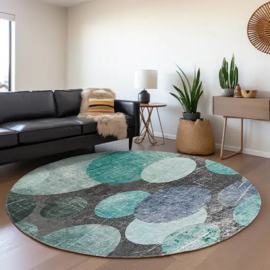 8' Teal And Gray Abstract Washable Round Rug With UV Protection Photo 5