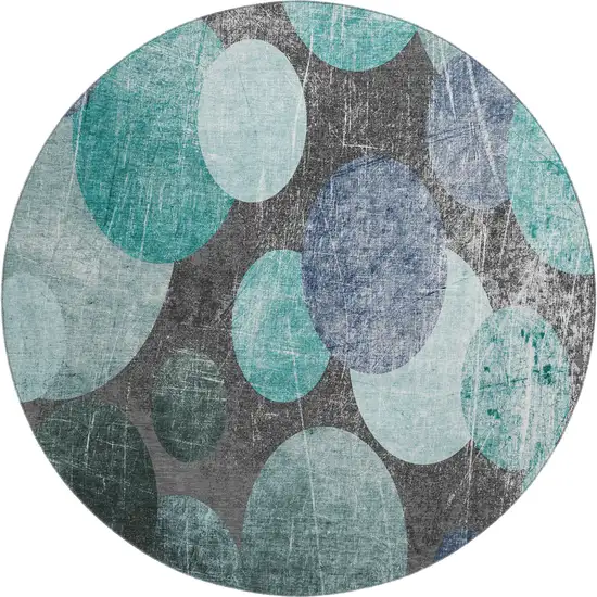 8' Teal And Gray Abstract Washable Round Rug With UV Protection Photo 1