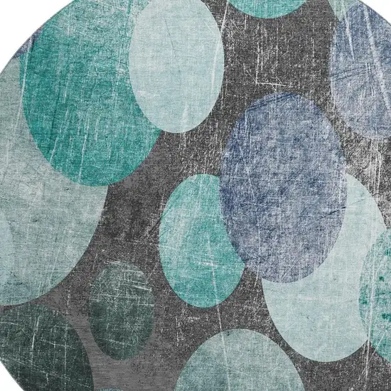 8' Teal And Gray Abstract Washable Round Rug With UV Protection Photo 4