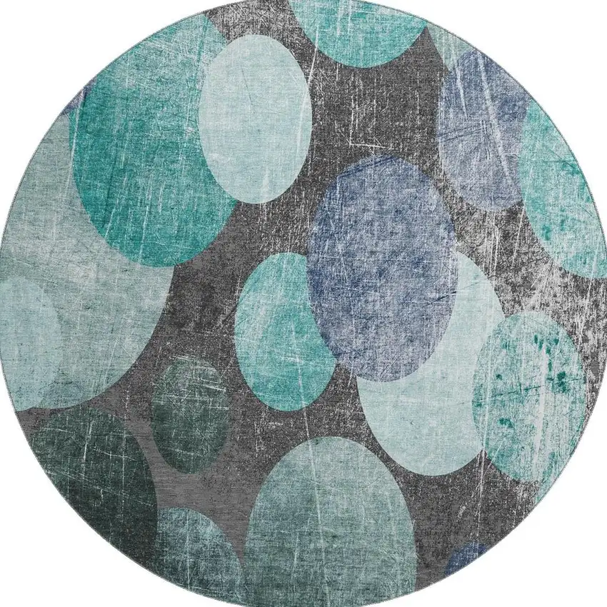 8' Teal And Gray Abstract Washable Round Rug With UV Protection Photo 3