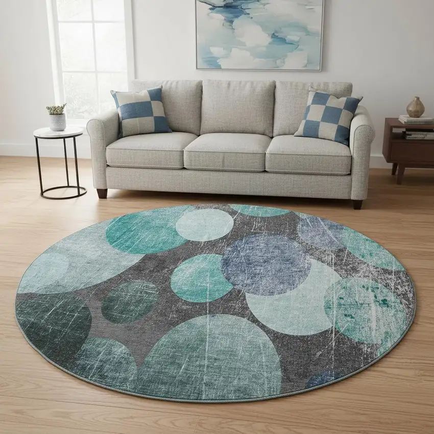 8' Teal And Gray Abstract Washable Round Rug With UV Protection Photo 2