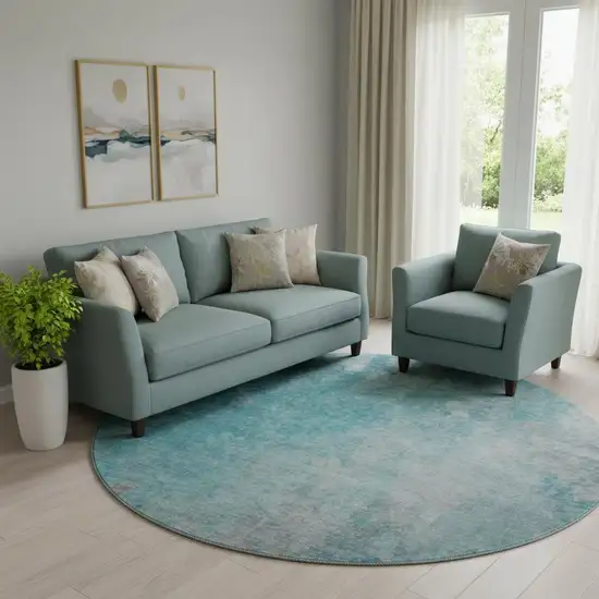 8' Teal And Gray Abstract Washable Round Rug With UV Protection Photo 1