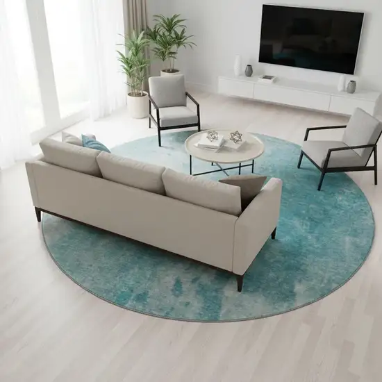 8' Teal And Gray Abstract Washable Round Rug With UV Protection Photo 2