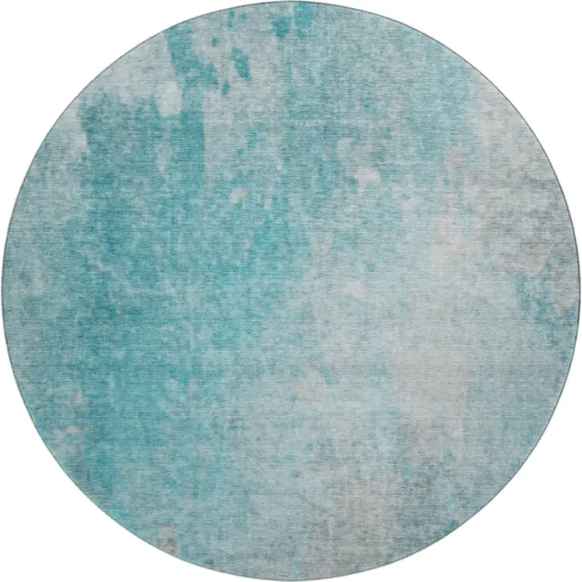 8' Teal And Gray Abstract Washable Round Rug With UV Protection Photo 1