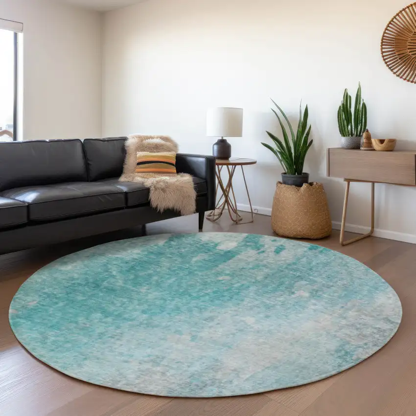 8' Teal And Gray Abstract Washable Round Rug With UV Protection Photo 5