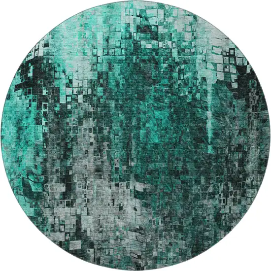 8' Teal And Gray Abstract Washable Round Rug With UV Protection Photo 3