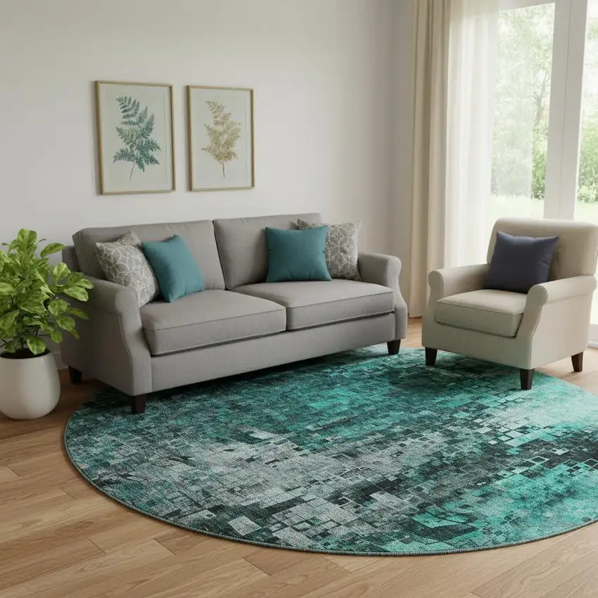 8' Teal And Gray Abstract Washable Round Rug With UV Protection Photo 1