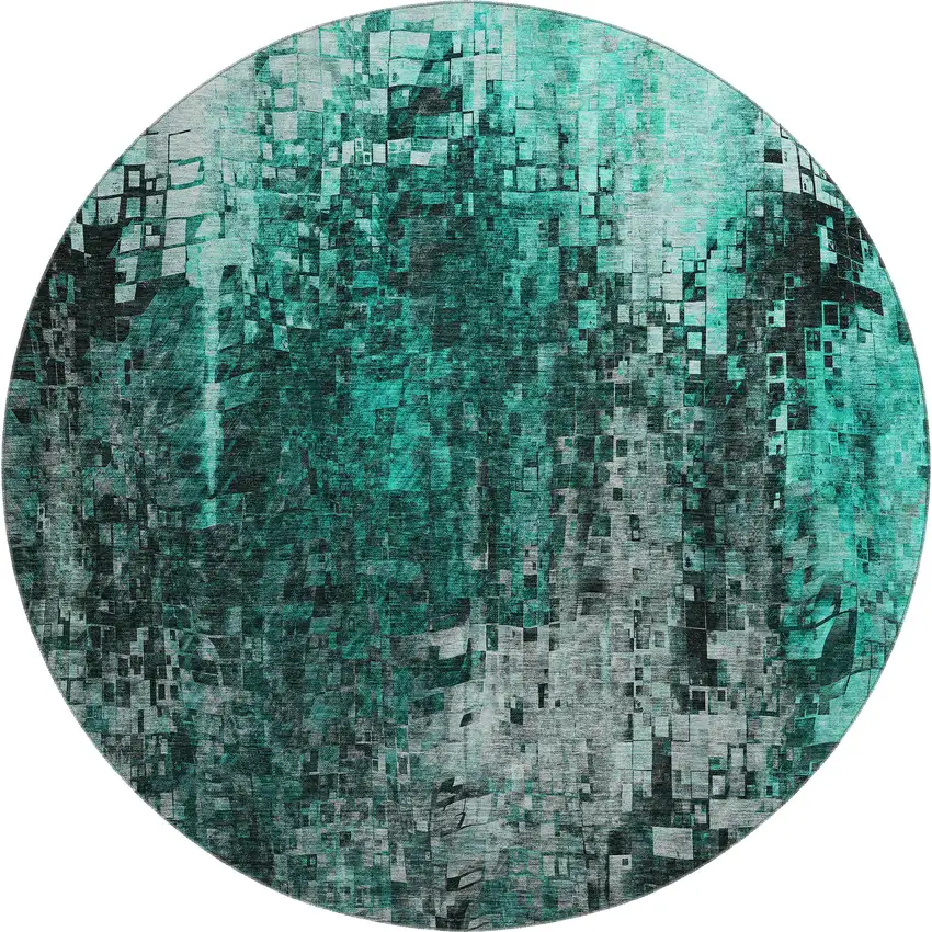 8' Teal And Gray Abstract Washable Round Rug With UV Protection Photo 1