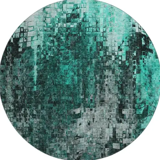 8' Teal And Gray Abstract Washable Round Rug With UV Protection Photo 2