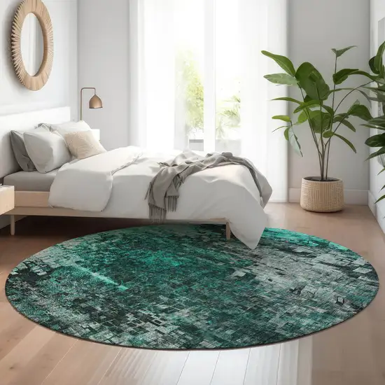 8' Teal And Gray Abstract Washable Round Rug With UV Protection Photo 4