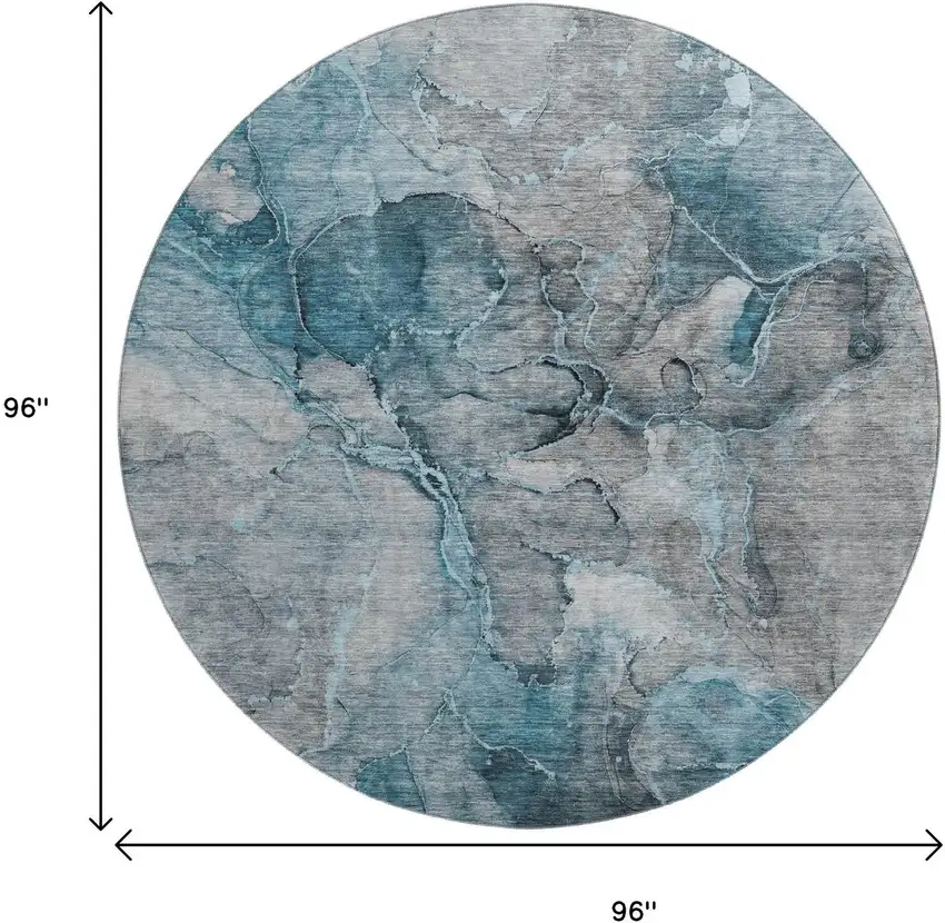 8' Teal And Gray Abstract Washable Round Rug With UV Protection Photo 5