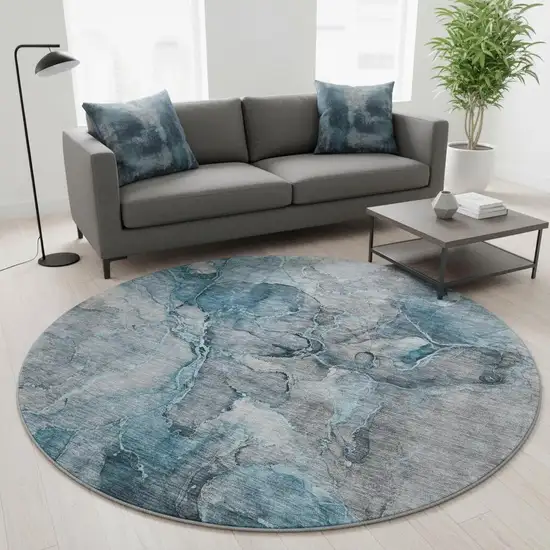 8' Teal And Gray Abstract Washable Round Rug With UV Protection Photo 2