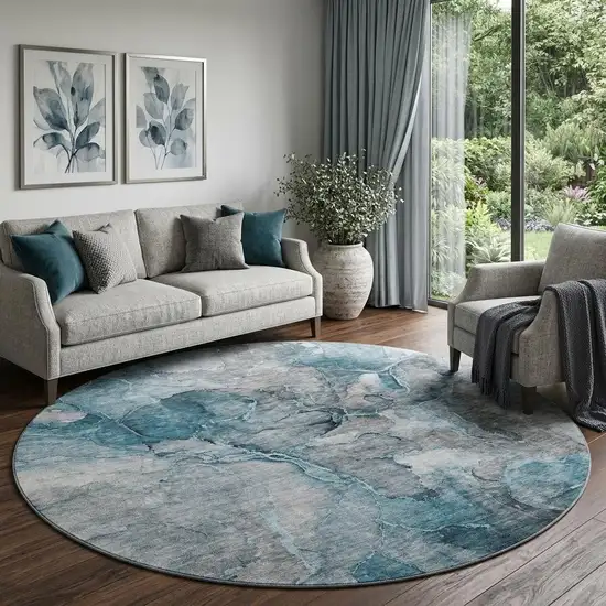 8' Teal And Gray Abstract Washable Round Rug With UV Protection Photo 1