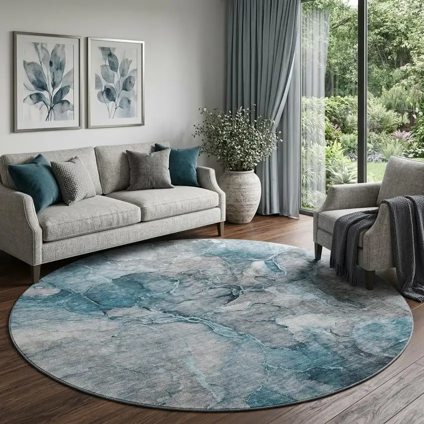 8' Teal And Gray Abstract Washable Round Rug With UV Protection Photo 1