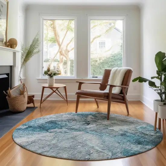 8' Teal And Gray Abstract Washable Round Rug With UV Protection Photo 4