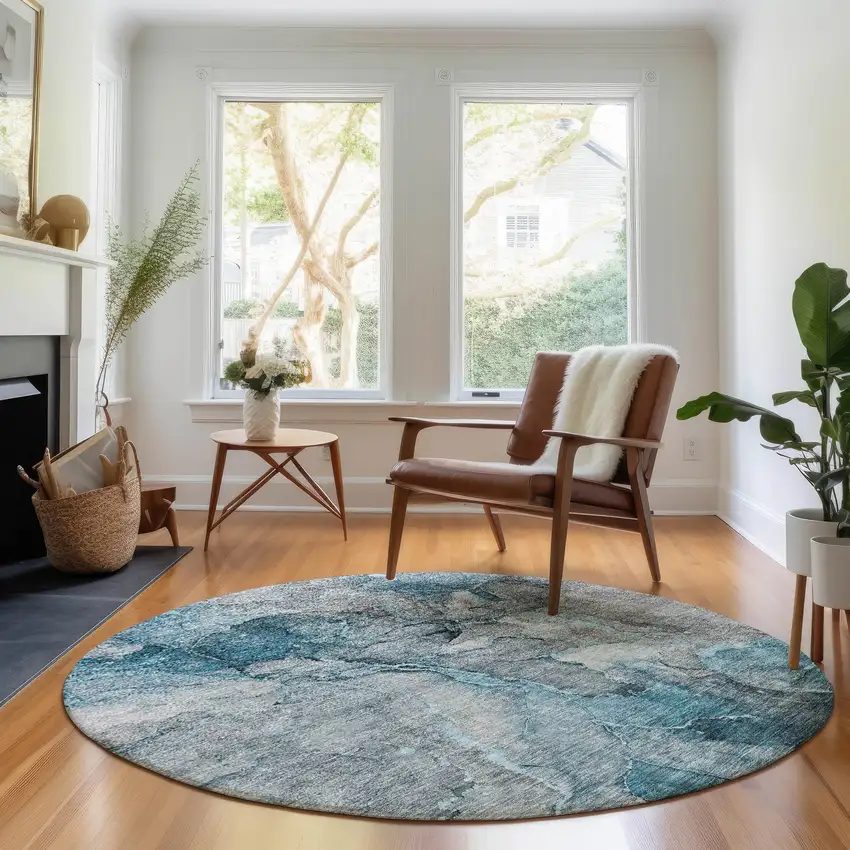 8' Teal And Gray Abstract Washable Round Rug With UV Protection Photo 4
