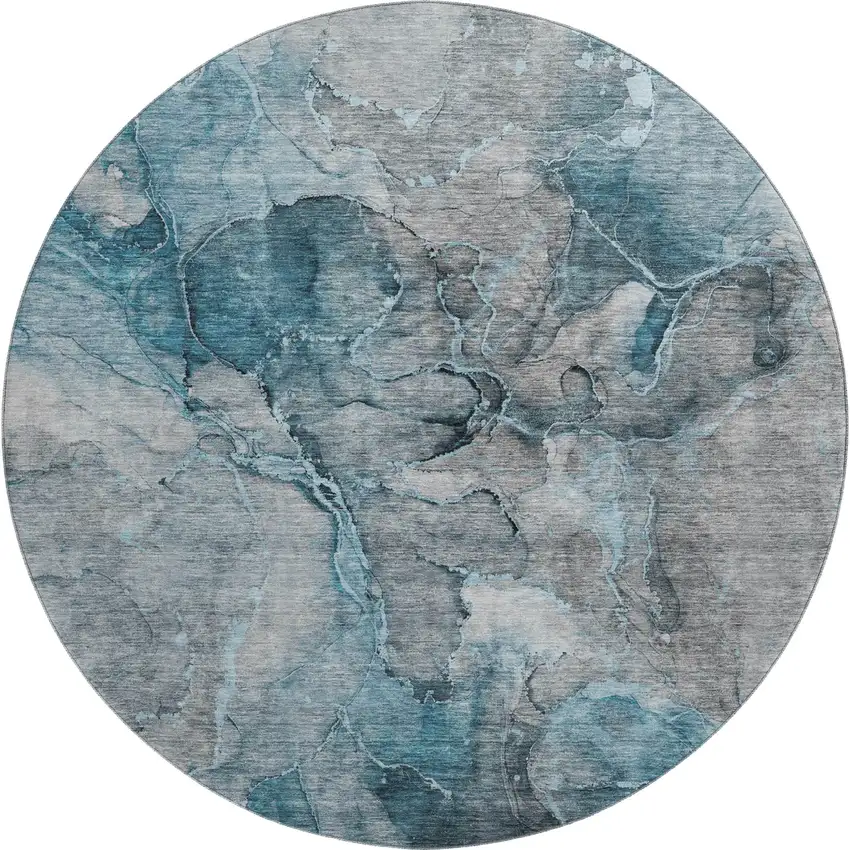8' Teal And Gray Abstract Washable Round Rug With UV Protection Photo 6