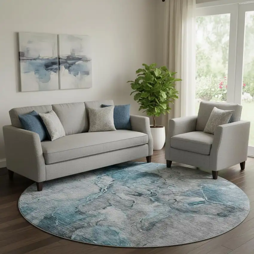 8' Teal And Gray Abstract Washable Round Rug With UV Protection Photo 1