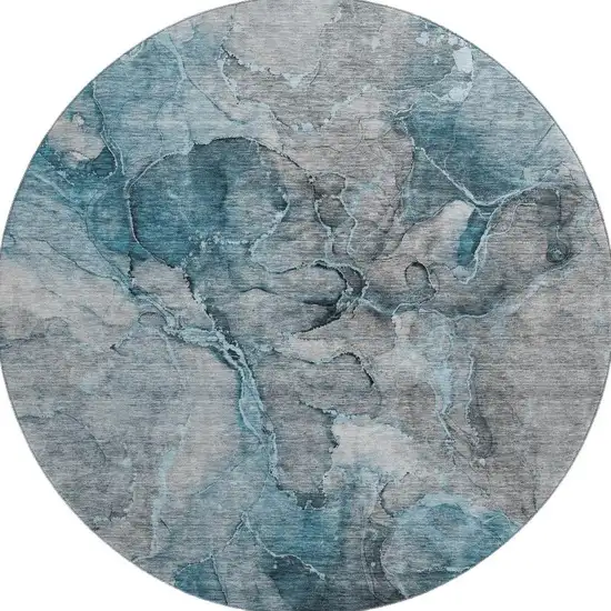 8' Teal And Gray Abstract Washable Round Rug With UV Protection Photo 1