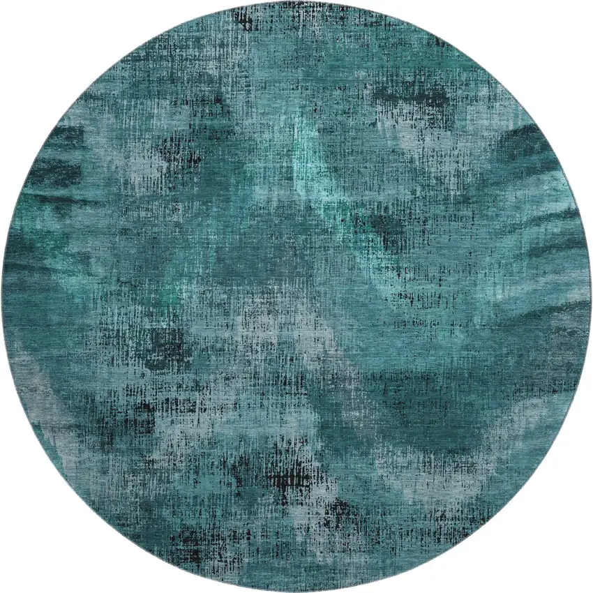 8' Teal And Gray Abstract Washable Round Rug With UV Protection Photo 1