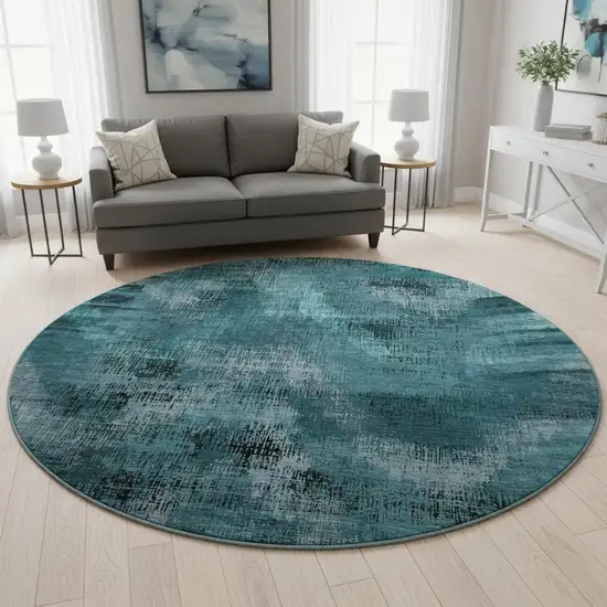 8' Teal And Gray Abstract Washable Round Rug With UV Protection Photo 2