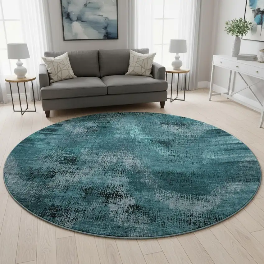 8' Teal And Gray Abstract Washable Round Rug With UV Protection Photo 2