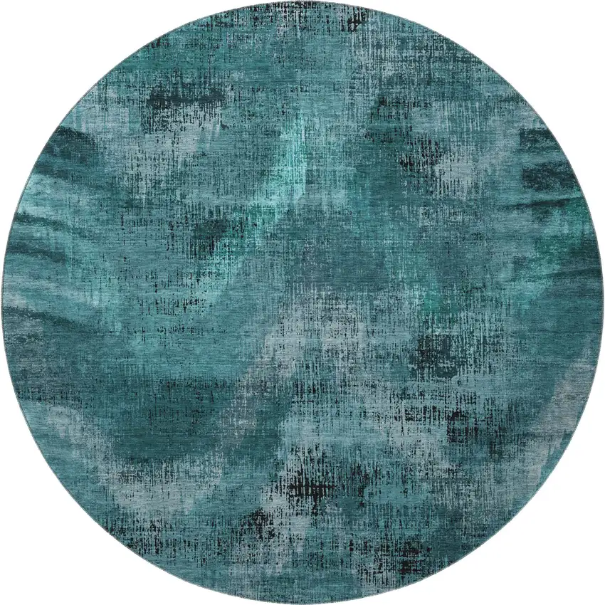 8' Teal And Gray Abstract Washable Round Rug With UV Protection Photo 4