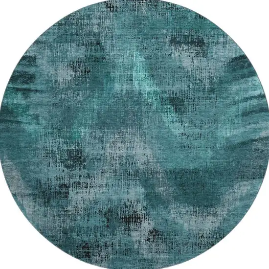 8' Teal And Gray Abstract Washable Round Rug With UV Protection Photo 3