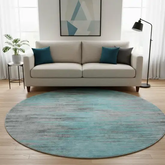 8' Teal And Gray Abstract Washable Round Rug With UV Protection Photo 2