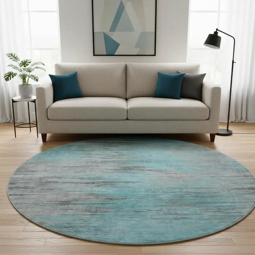 8' Teal And Gray Abstract Washable Round Rug With UV Protection Photo 2