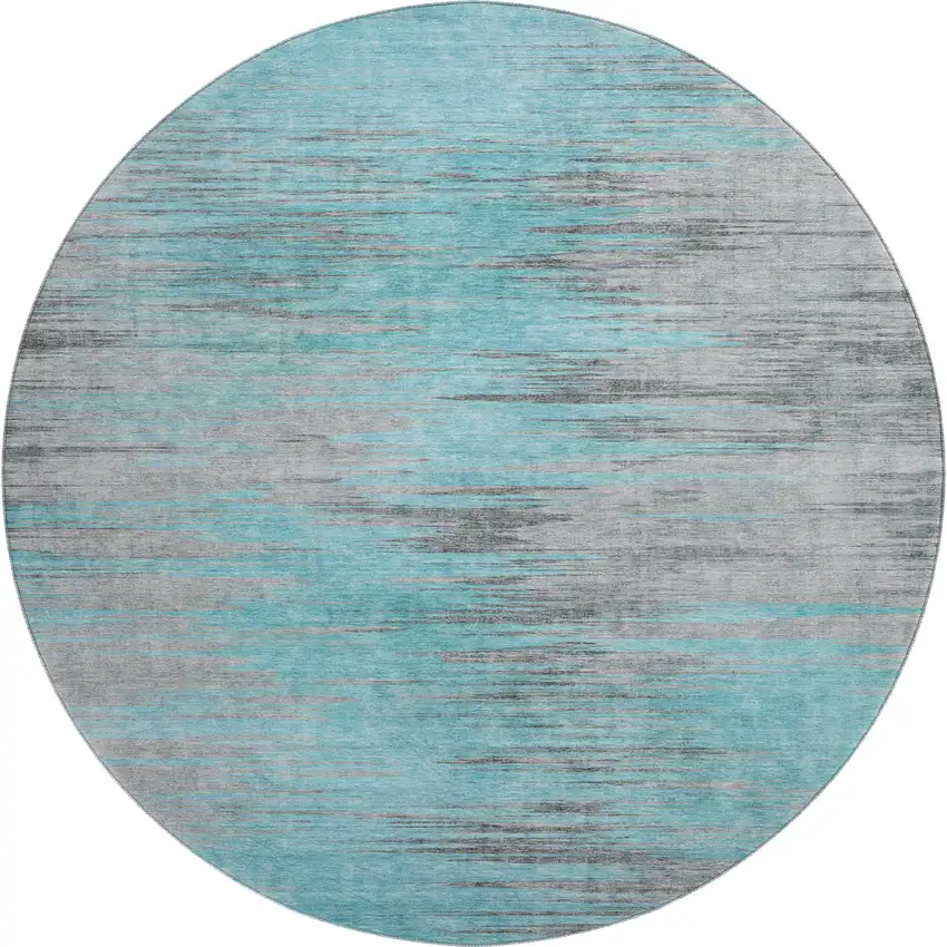 8' Teal And Gray Abstract Washable Round Rug With UV Protection Photo 2