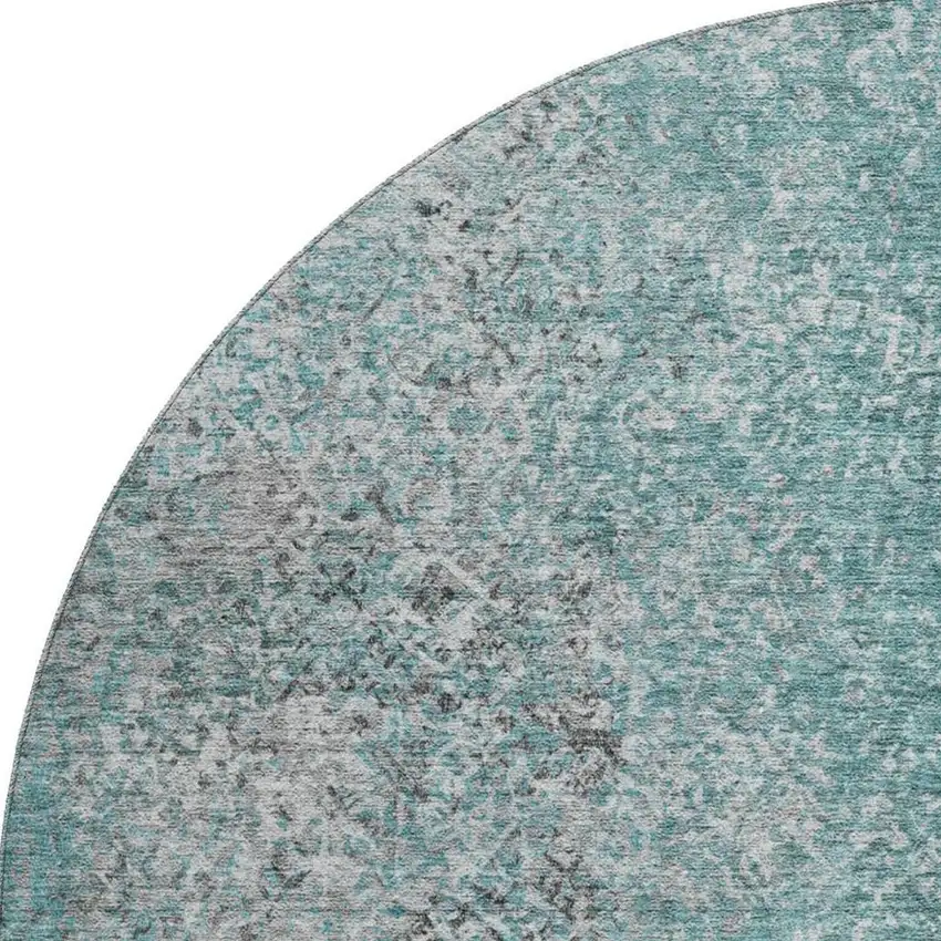 8' Teal And Gray Abstract Washable Round Rug With UV Protection Photo 4