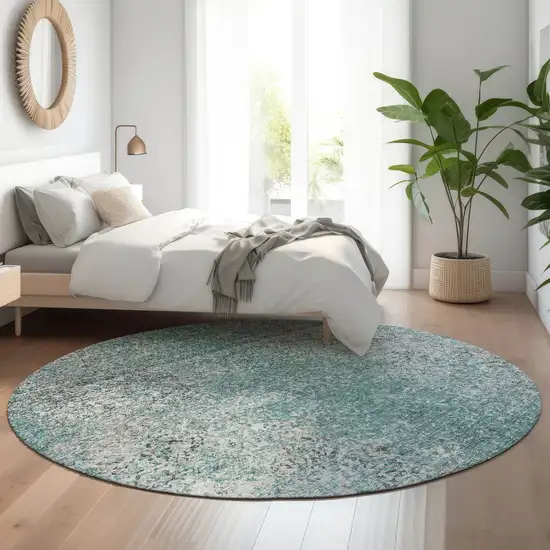 8' Teal And Gray Abstract Washable Round Rug With UV Protection Photo 5