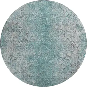 Photo of 8' Teal And Gray Abstract Washable Round Rug With UV Protection