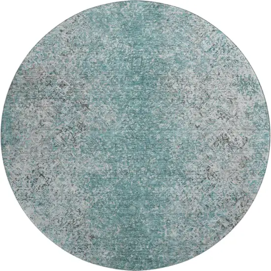 8' Teal And Gray Abstract Washable Round Rug With UV Protection Photo 1