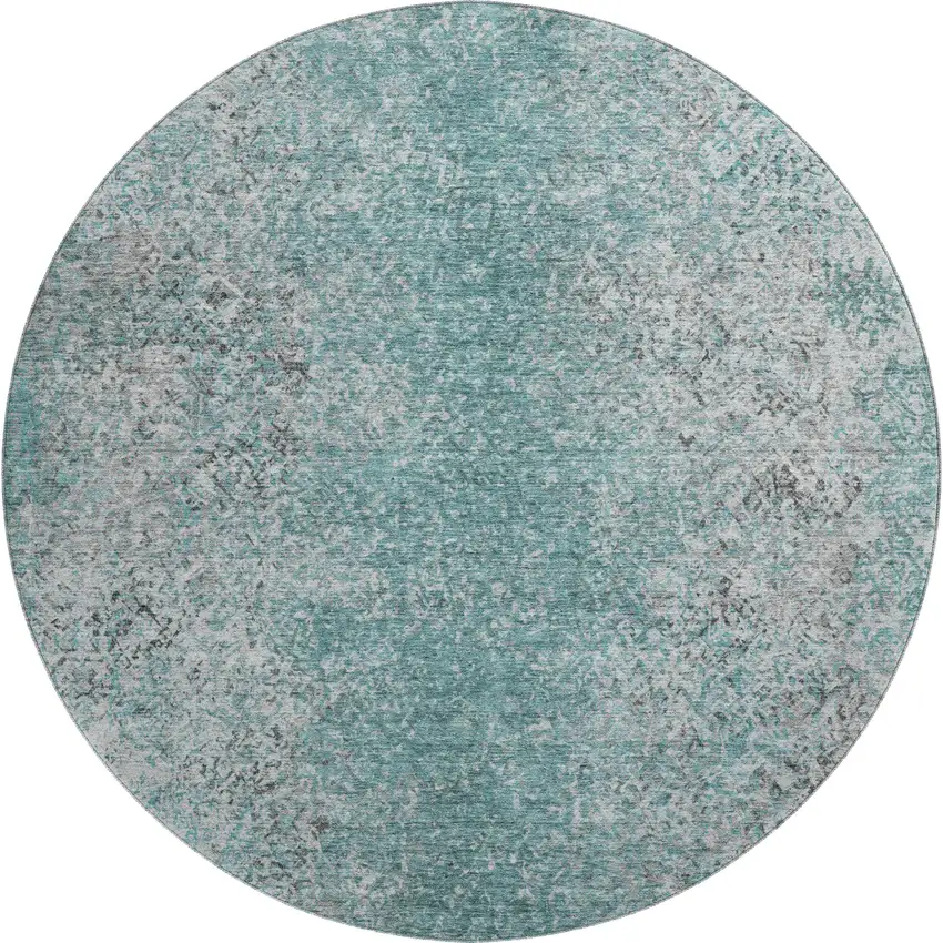 8' Teal And Gray Abstract Washable Round Rug With UV Protection Photo 1