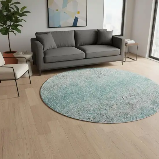 8' Teal And Gray Abstract Washable Round Rug With UV Protection Photo 2