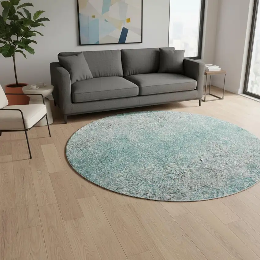 8' Teal And Gray Abstract Washable Round Rug With UV Protection Photo 2
