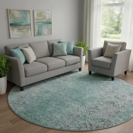 8' Teal And Gray Abstract Washable Round Rug With UV Protection Photo 1