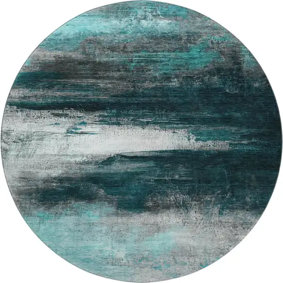 8' Teal And Gray Abstract Washable Round Rug With UV Protection Photo 3