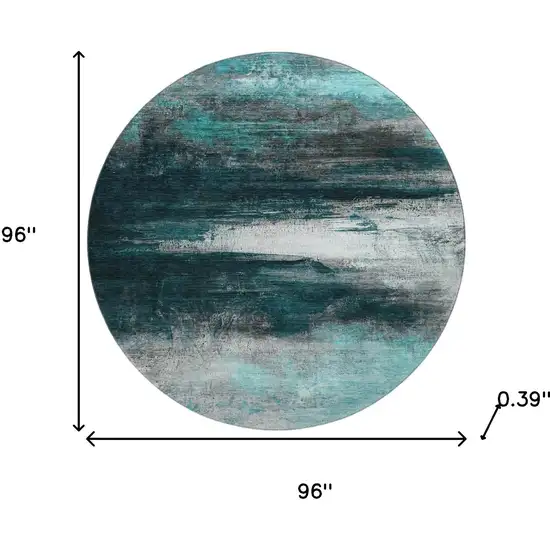 8' Teal And Gray Abstract Washable Round Rug With UV Protection Photo 7