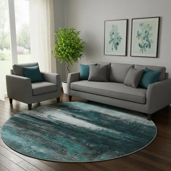 8' Teal And Gray Abstract Washable Round Rug With UV Protection Photo 2